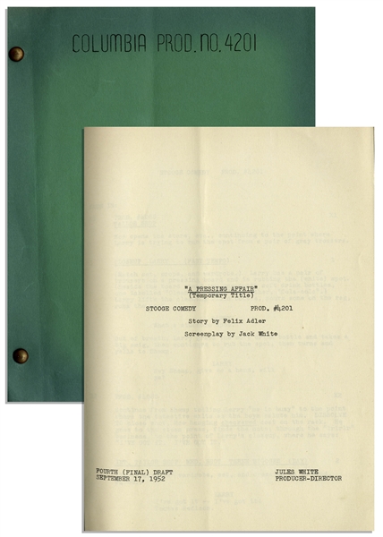 Moe Howards 9pp. Script Dated September 1952 for The Three Stooges Film Rip, Sew and Stitch, Working Title A Pressing Affair -- Annotations in Moes Hand Including His Signature -- Very Good